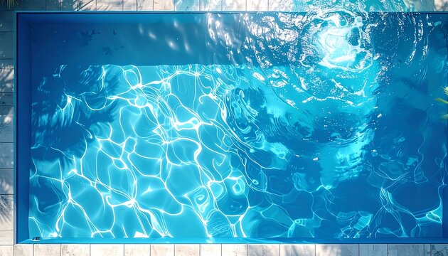 Overhead view of a rectangular swimming pool shimmering in sunlight, with visible ripples and reflections on the water surface