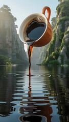 A surreal scene depicts a large leche cup tilted, pouring rich, dark coffee into a calm body of water, creating a reflective surface..jpg
