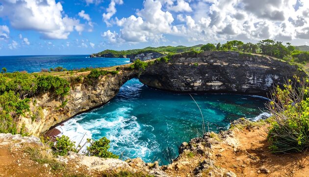 Panoramic view of turquoise waters flowing under a natural archway carved by the sea. Lush green vegetation lines the cliffs under a cloudy sky - Powered by Adobe