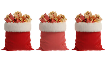 Abundant Santa Claus gift bags overflowing with festive red and gold presents create a joyful holiday scene, perfect for Christmas promotions and winter celebrations.