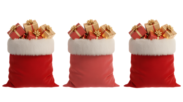 Abundant Santa Claus gift bags overflowing with festive red and gold presents create a joyful holiday scene, perfect for Christmas promotions and winter celebrations.