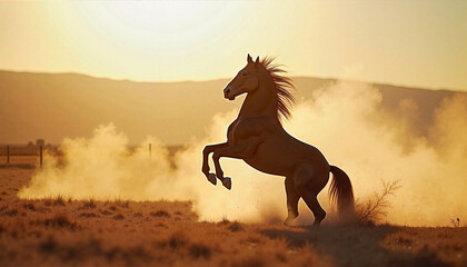  Rearing horse in dusty sunset field