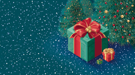 Fototapeta premium Presente natalino com laço dourado sobre fundo vermelho com flocos de neve flutuantes, evocando clima festivo, elegância, carinho e tradição de trocas durante o Natal