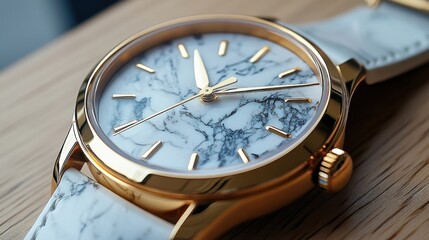 A close-up of an elegant gold wristwatch with a marble-like face and white strap