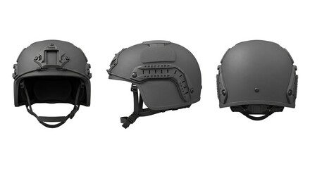 Fototapeta premium Grey tactical military helmet for combat in three different views isolated on white background