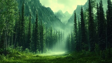 A lush forest scene with tall trees leading toward mountains shrouded in a mist