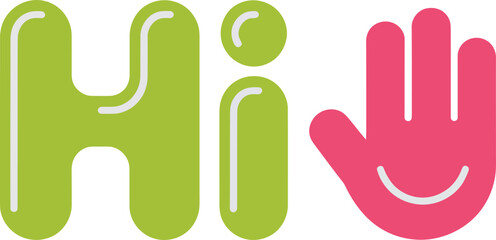 Obraz premium Glossy bubbly greeting Hi hand symbol white outline modern vibrant cartoon vector