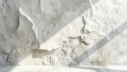 Obraz premium Sunlight casting a dramatic diagonal shadow across a rough, textured white concrete wall in a minimalist empty room, creating an abstract architectural background