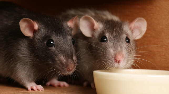 Dois ratos juntos ao lado de um recipiente com alimento, simbolizando infesta&ccedil;&atilde;o, risco &agrave; sa&uacute;de, contamina&ccedil;&atilde;o e necessidade de controle de pragas em resid&ecirc;ncias e com&eacute;rcios