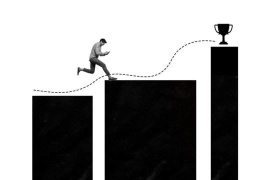 Composite photo collage of happy man run chart goblet cup surf phone success development progress isolated on painted background - Powered by Adobe