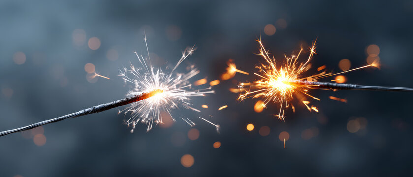 Close-up of two sparklers igniting with bright sparks against a dark blurred background, capturing dynamic light and festive celebration atmosphere