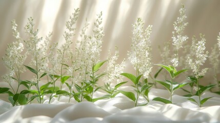 Serene floral arrangement white blossoms with green leaves against a soft, draped, and cream fabric backdrop