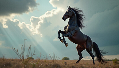  Black horse rearing on dry field under cloudy sky