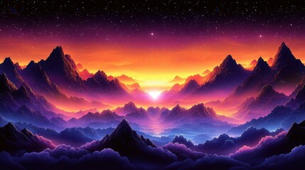 Colorful mountain range silhouette at sunset under a starry sky with vibrant orange and purple hues