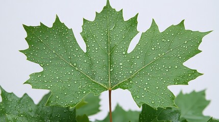 Close-up of a vibrant green maple leaf, glistening with water droplets against a white backdrop