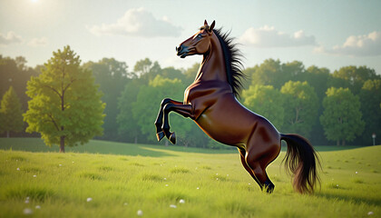  Brown horse rearing on green meadow in sunlight