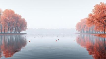 Serene lake scene with rows of red trees on each bank, mist-filled distance