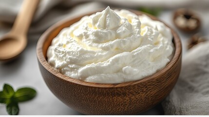 Whipped Cream in Wooden Bowl with Spoon and Mint Leaves