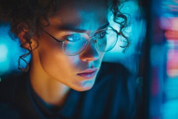 Futuristic digital workspaces: the new era of data analysis. High contrast. Vibrant tech space envelops curly-haired programmer. Retro futurism. Digital artwork.