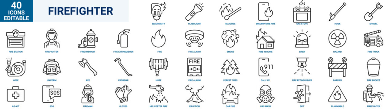Fire Protection web line icon set. Fire department symbol with fire, fire hose, firefighter, extinguisher, fire engine, sprinkler system, burning house