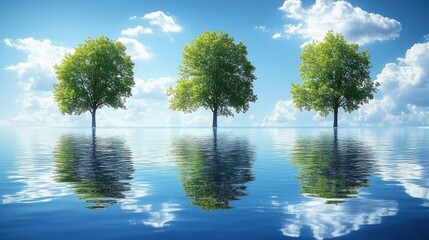Three vibrant green trees stand in water, reflecting under a bright blue sky with fluffy clouds