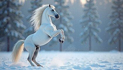 White horse rearing in snowy forest