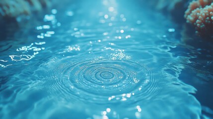 Close-up of water ripples with blurred coral on each side, gentle light above