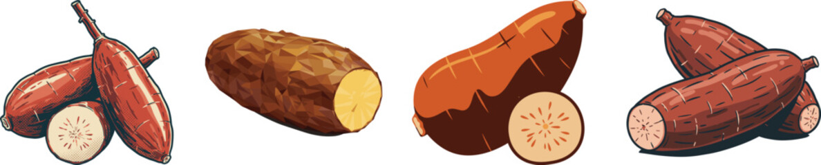 Cassava Yuca Manioc Root Vegetable Food Vector Illustration Set