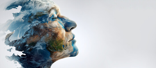 Artistic double exposure of human face and rotating planet Earth, concept of humanity and world unity