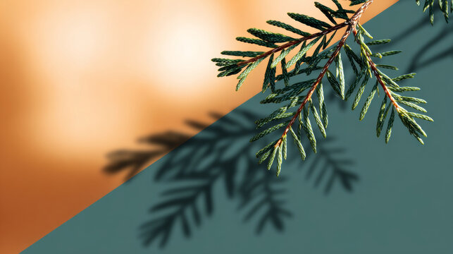 Close-up of green pine branch casting shadows on a two-tone orange and teal background with soft lighting and minimalistic composition