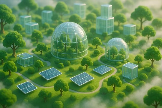 Sustainable futuristic eco-city with geodesic domes, glass structures, and solar panels creating a vibrant green urban utopia powered by clean energy
