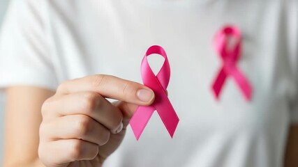 Pink ribbon for breast cancer awareness held by a person - Powered by Adobe