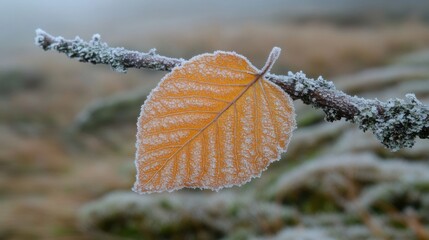A single, frosted orange leaf clings to a branch, background blurred
