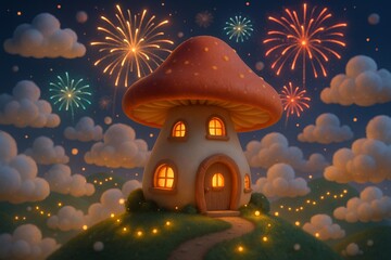 Whimsical mushroom house glows under vibrant fireworks and fluffy clouds, creating a magical, festive night scene for fantasy.