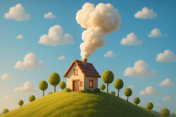 Charming cartoon house with smoke billowing from chimney on grassy hill under a bright blue sky with fluffy clouds
