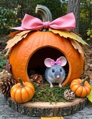 Gray mouse wearing a bow sitting inside a pumpkin with autumn decor  