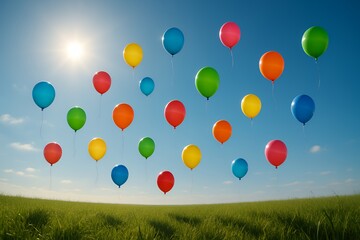 Vibrant balloons ascend into a bright, sunny sky over a lush green meadow, symbolizing freedom, joy, and celebration.