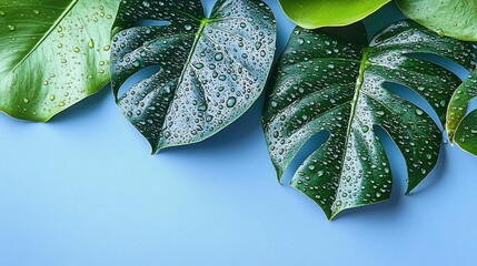 Close-up of wet Monstera leaves on a light blue background. Water droplets glisten
