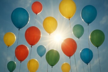 Vibrant balloons floating against a sun-kissed sky create a cheerful, celebratory atmosphere perfect for birthdays, parties, and joyful events
