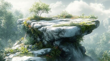 A picturesque rock formation covered in lush vegetation, a lone tree on top, shrouded in mist