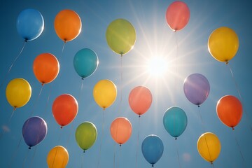 Vibrant balloons floating in bright blue sky evoke joy and celebration, perfect for birthday parties, events, and festive occasions with sunny atmosphere
