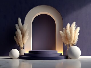 Sophisticated 3D render of a dark purple product display podium and arch, flanked by tall pampas grass and two matte white spheres.