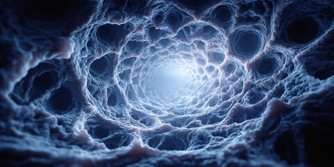 Abstract ethereal swirling tunnel of light with nebulous textured patterns in deep blue hues, representing infinity and cosmic exploration