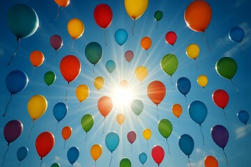 Vibrant balloons floating against a brilliant blue sky, radiating happiness and celebration, perfect for birthdays, parties, and festive occasions