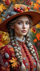 Young woman in traditional dress with braids and autumn leaves background  