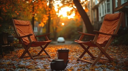 Two empty orange chairs in a yard, with a teapot, leaves, & setting sun in autumn
