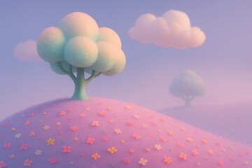 Whimsical pastel landscape features a fluffy tree on a flower-dotted hill under a dreamy sky with soft clouds