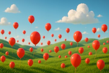 Celebrate success with vibrant red balloons floating over rolling green hills under a bright blue sky, perfect for festive events and cheerful announcements