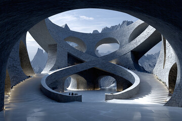 Architectural Marvel Intricate Interior Design and Structure, Blending Curves and Natural Landscapes