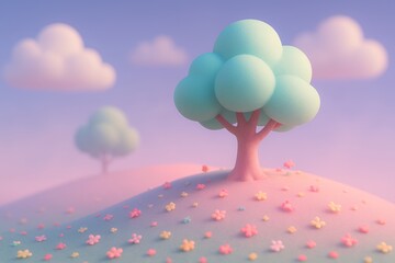 Enchanting pastel landscape with whimsical trees and blooming flowers under a soft sky, perfect for children's stories or serene backgrounds.